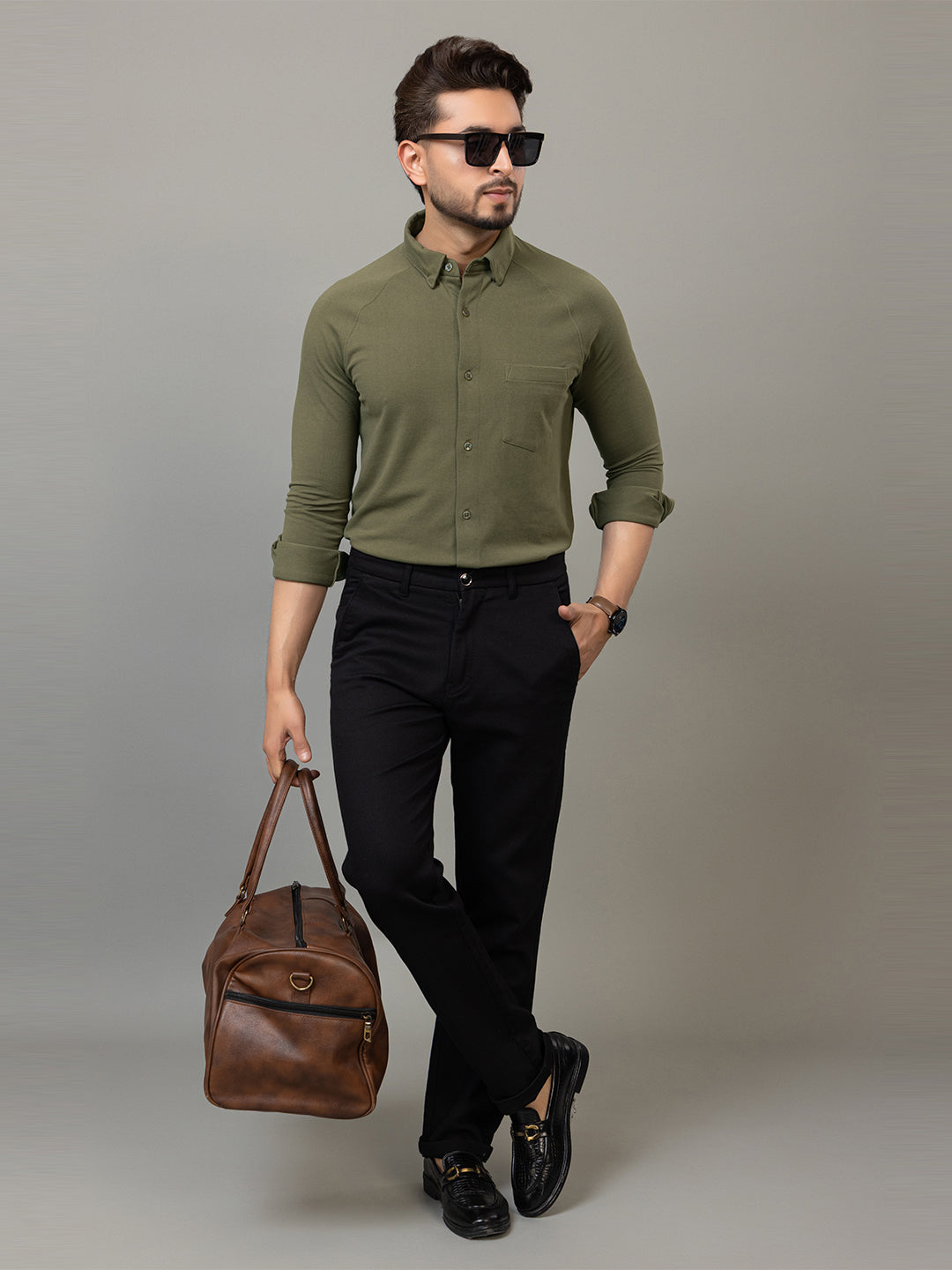 Olive Green full sleeve honeycomb knit shirt for men by HABEAS, view 5
