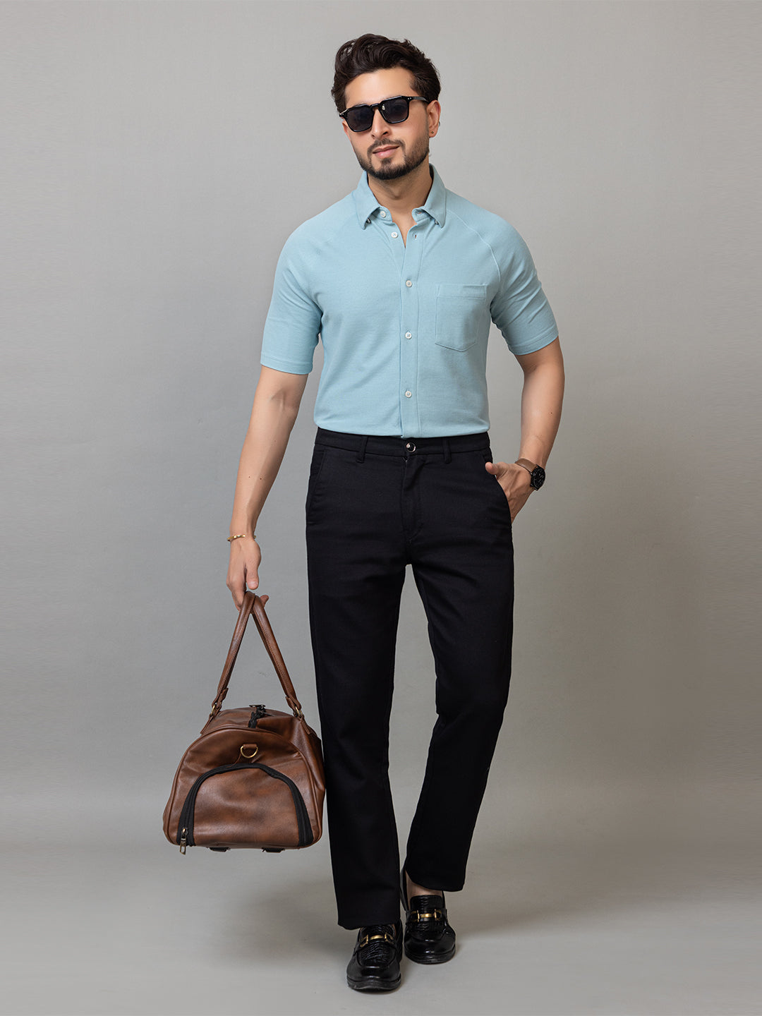 Jade Green half sleeve honeycomb knit shirt for men by HABEAS, view 2