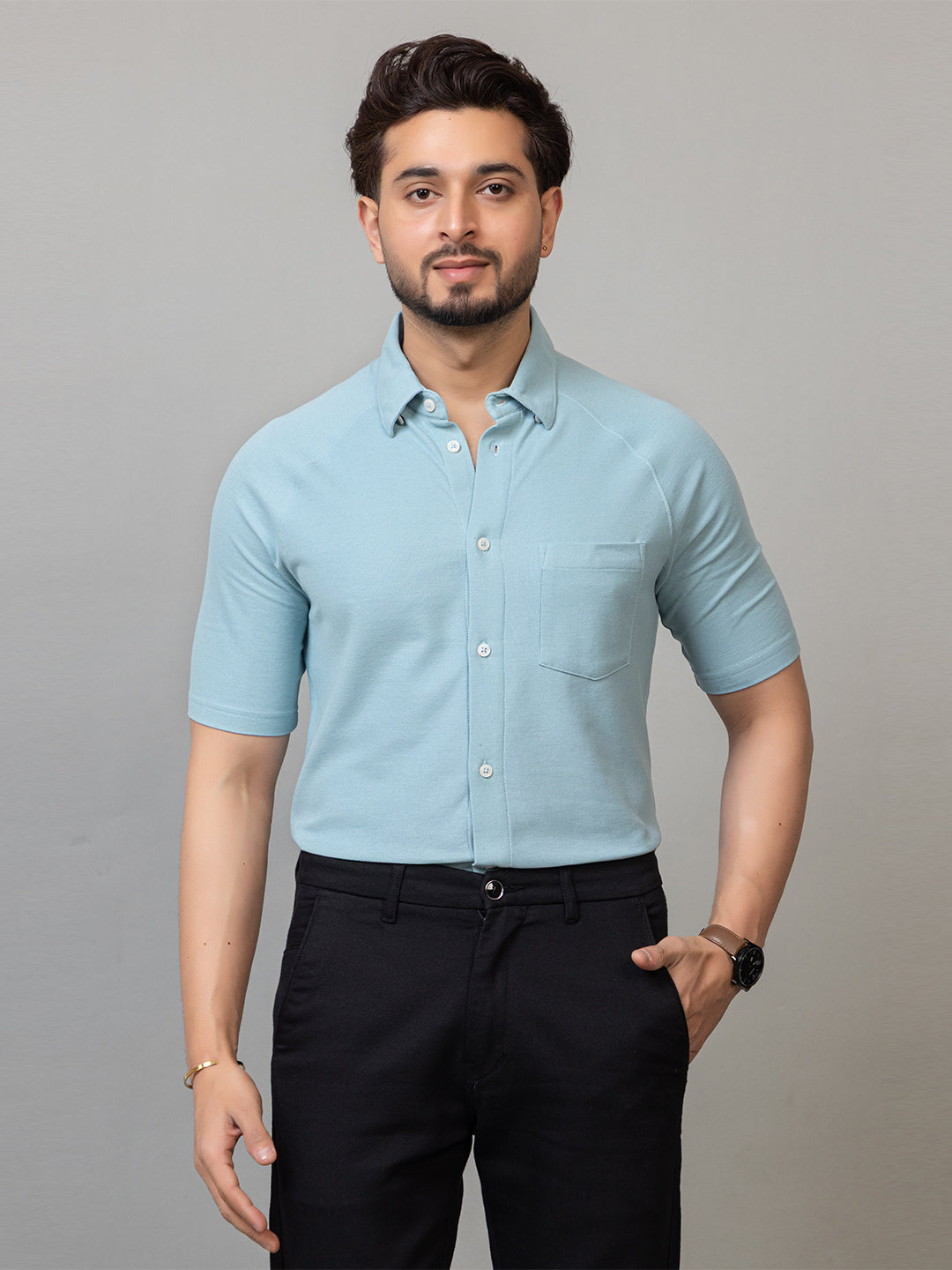 Jade Green half sleeve honeycomb knit shirt for men by HABEAS, view 1