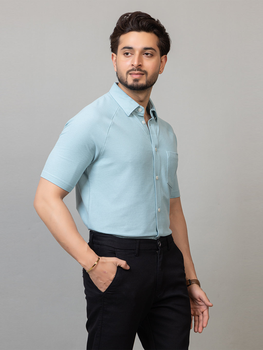 Jade Green half sleeve honeycomb knit shirt for men by HABEAS, view 3