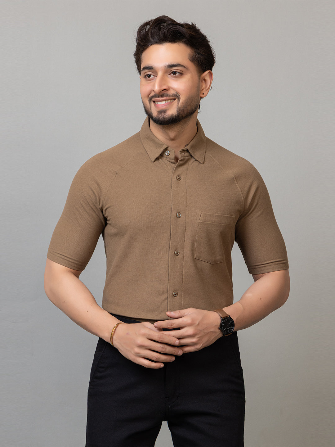 Vintage Teak half sleeve honeycomb knit shirt for men by HABEAS, view 1