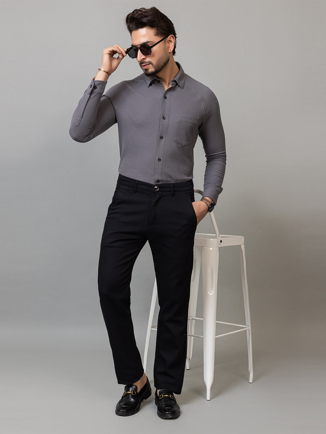 Charcoal Grey full sleeve honeycomb knit shirt for men by HABEAS, view 2