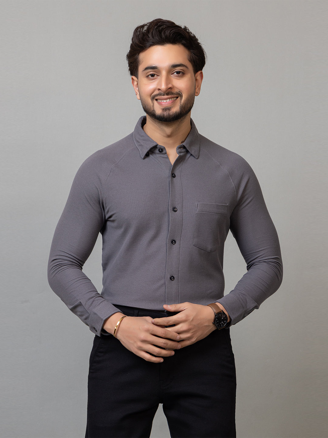 Charcoal Grey full sleeve honeycomb knit shirt for men by HABEAS, view 1