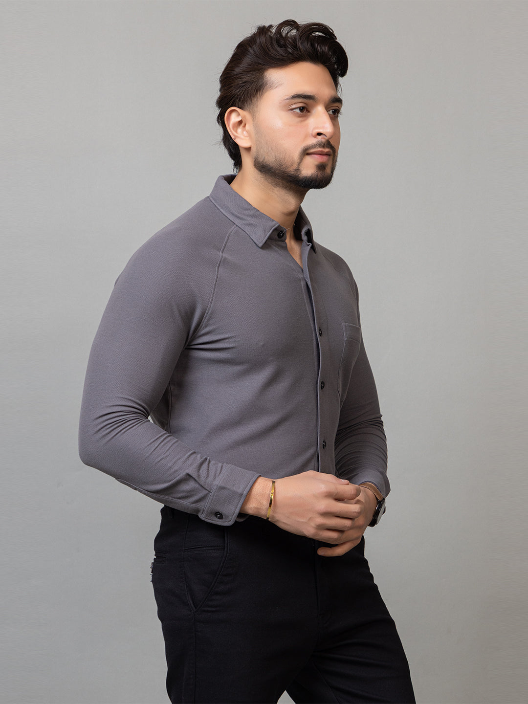 Charcoal Grey full sleeve honeycomb knit shirt for men by HABEAS, view 3