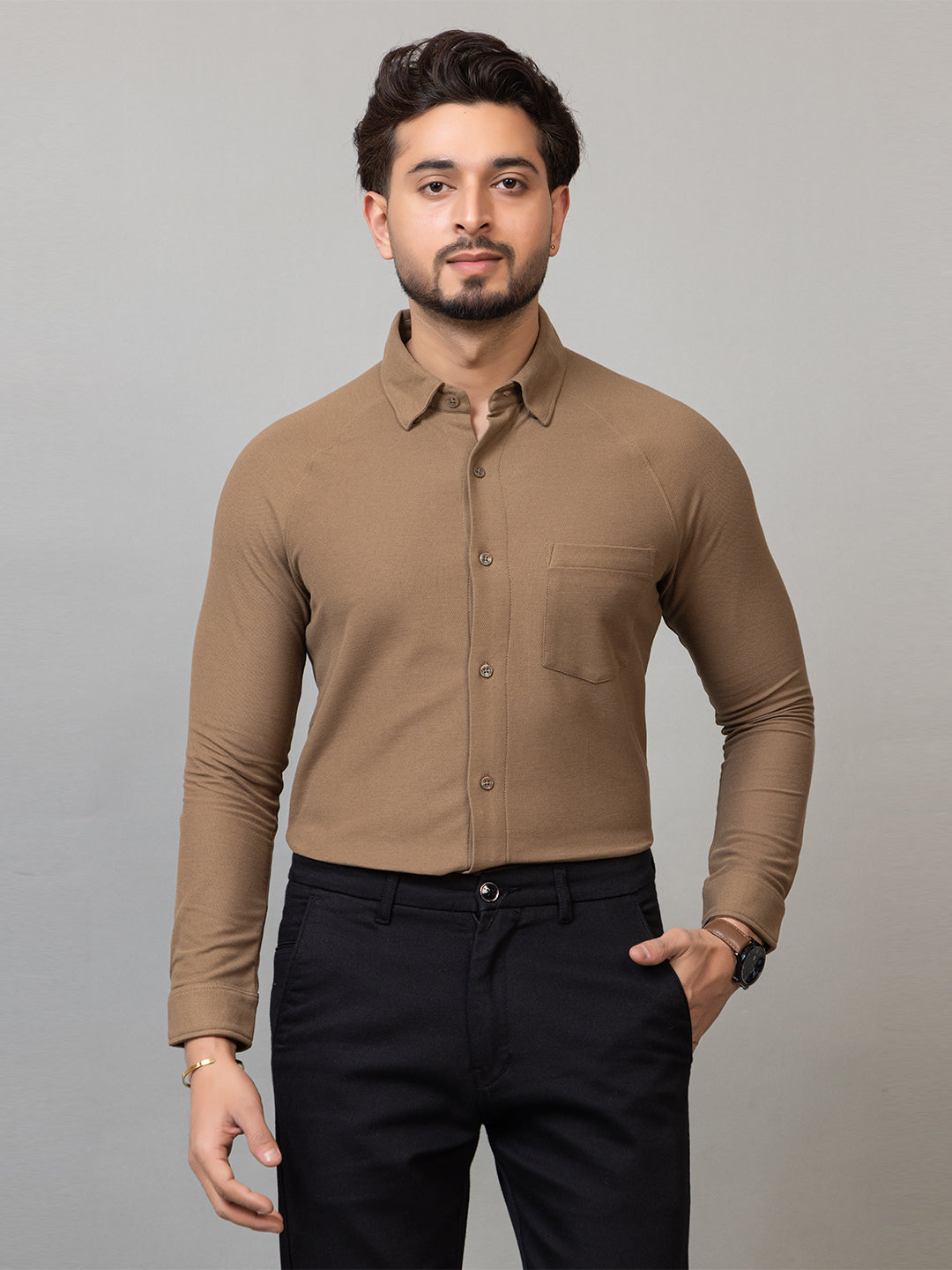 Vintage Teak full sleeve honeycomb knit shirt for men by HABEAS, view 1