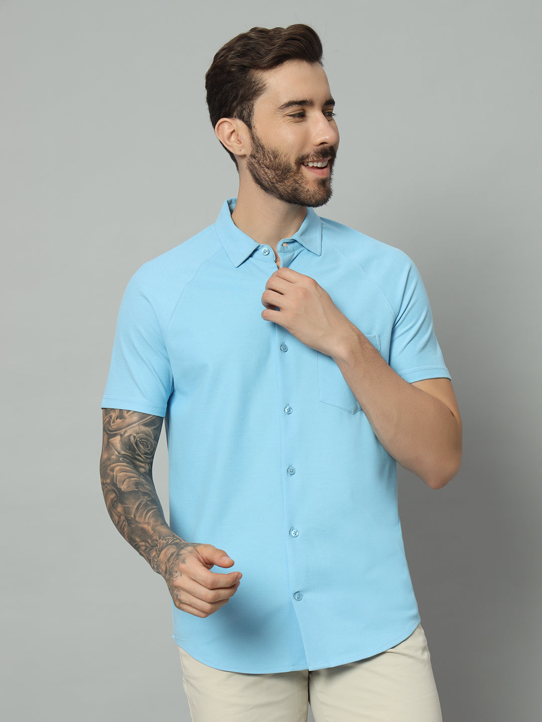 Powder Blue half sleeve honeycomb knit shirt for men by HABEAS, view 3