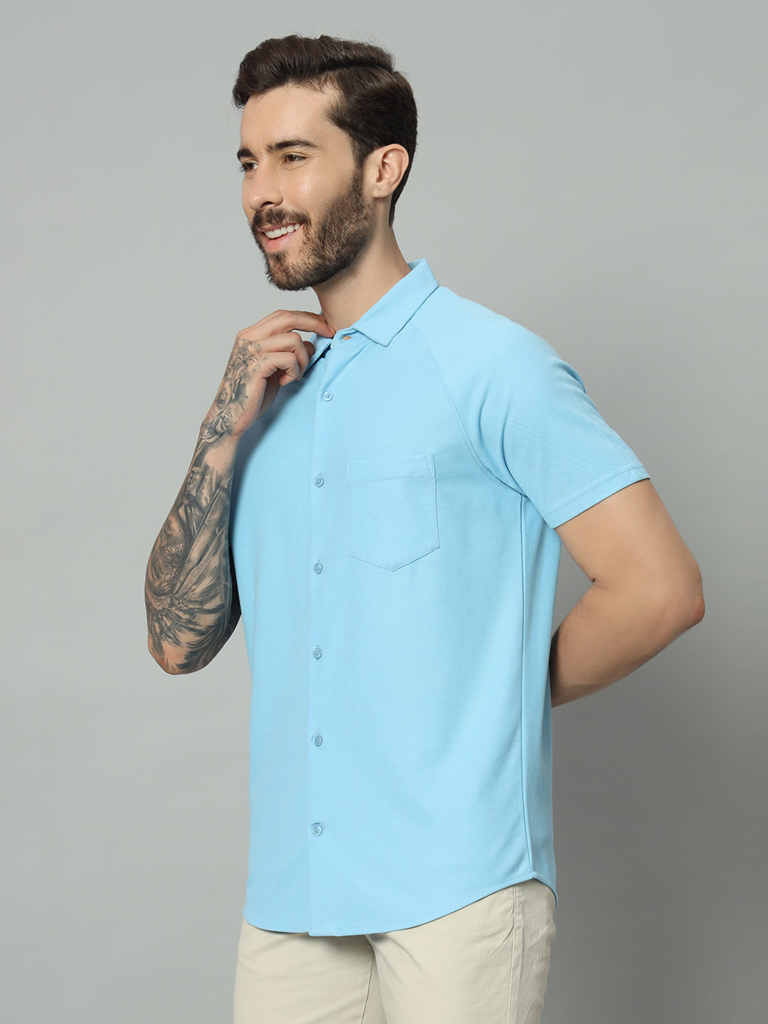 Powder Blue half sleeve honeycomb knit shirt for men by HABEAS, view 2