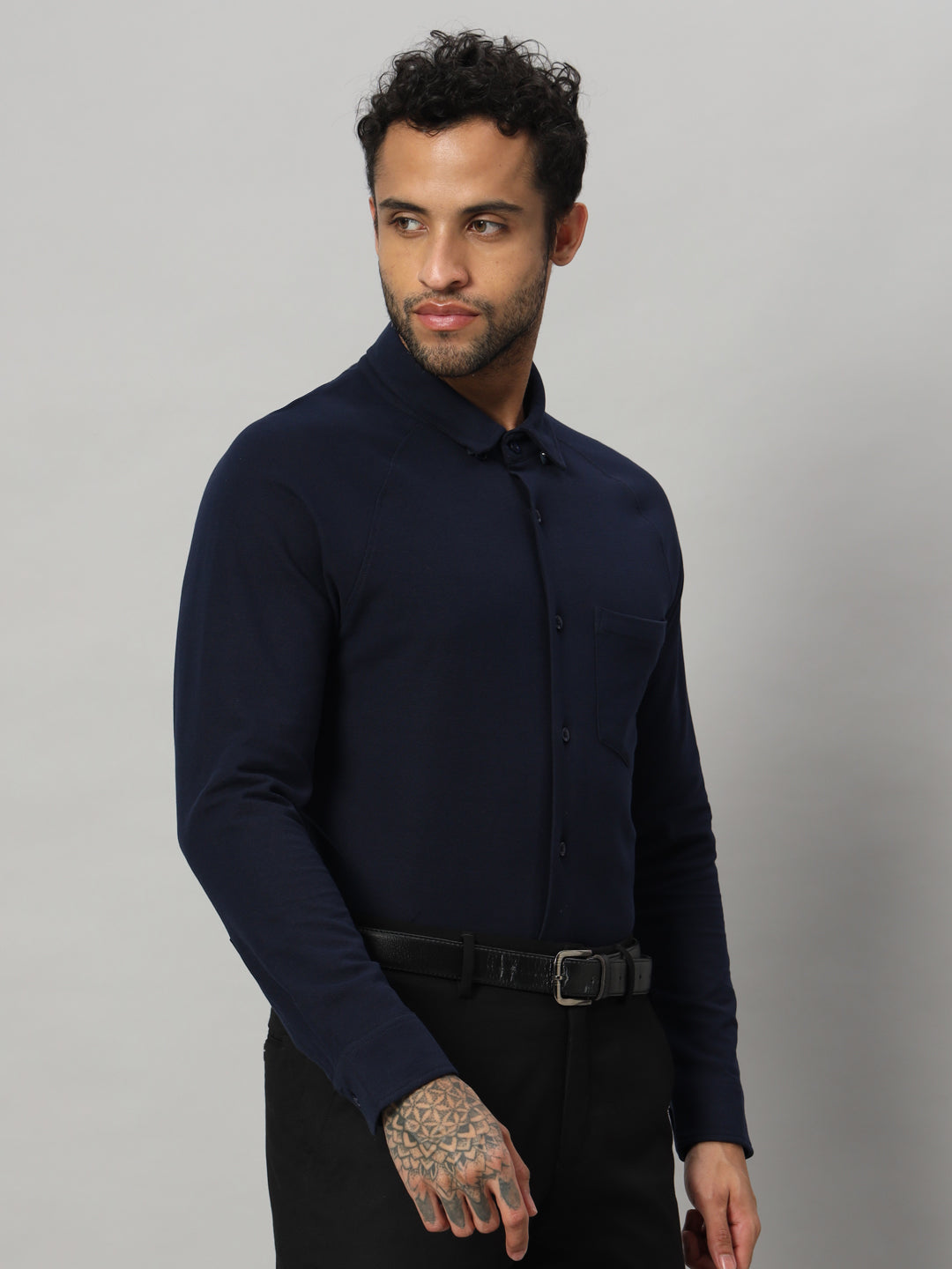 Classic Navy full sleeve honeycomb knit shirt for men by HABEAS, view 2