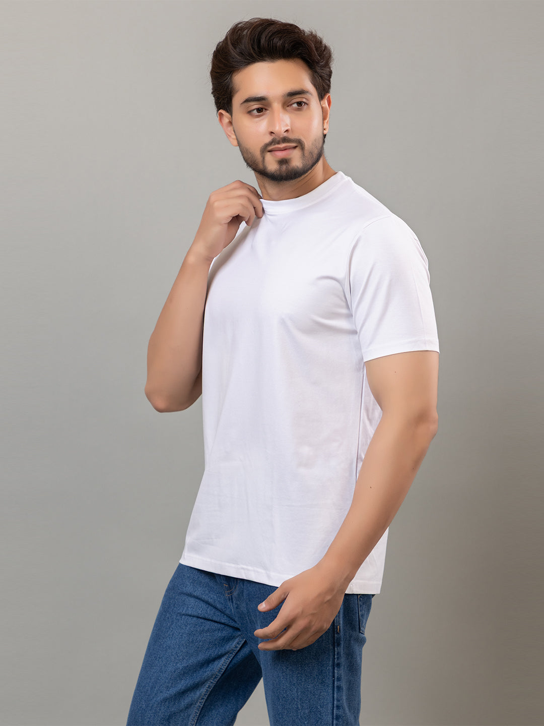 White mercerized cotton round neck t-shirt for men by HABEAS, view 3