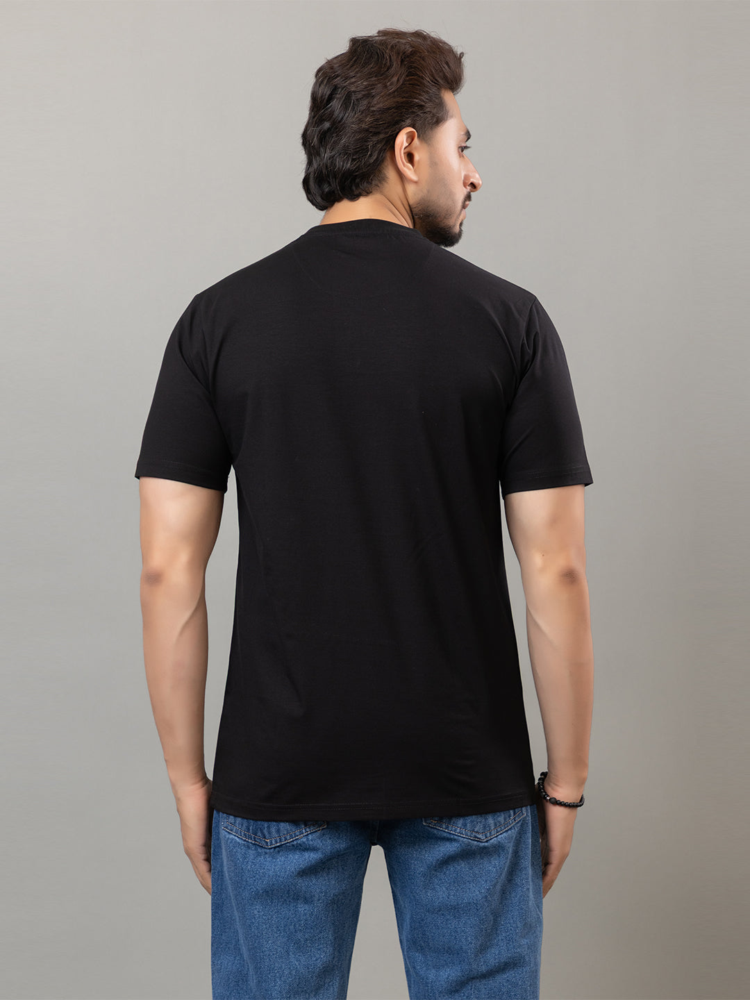 Black mercerized cotton round neck t-shirt for men by HABEAS, view 5