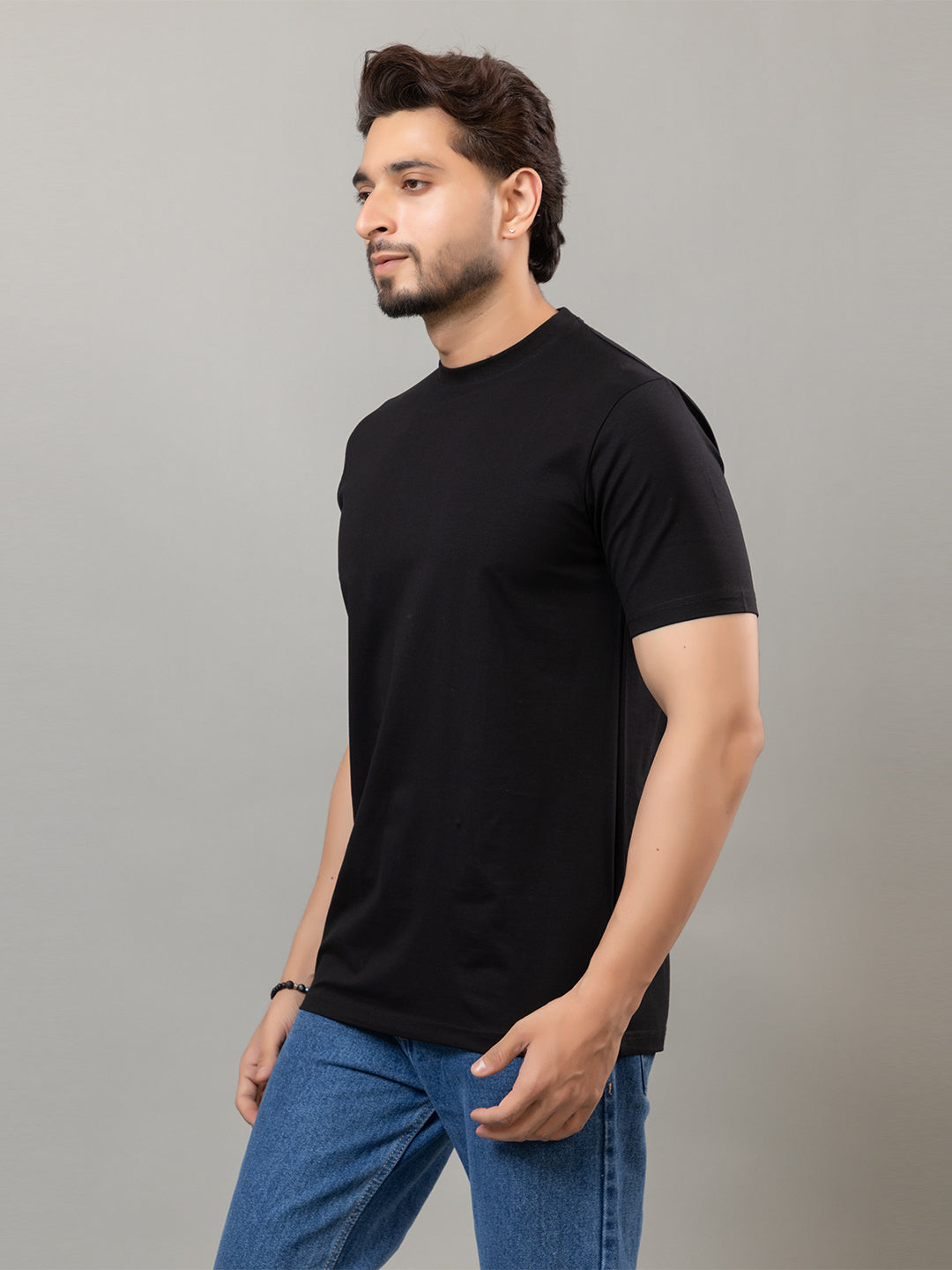 Black mercerized cotton round neck t-shirt for men by HABEAS, view 3