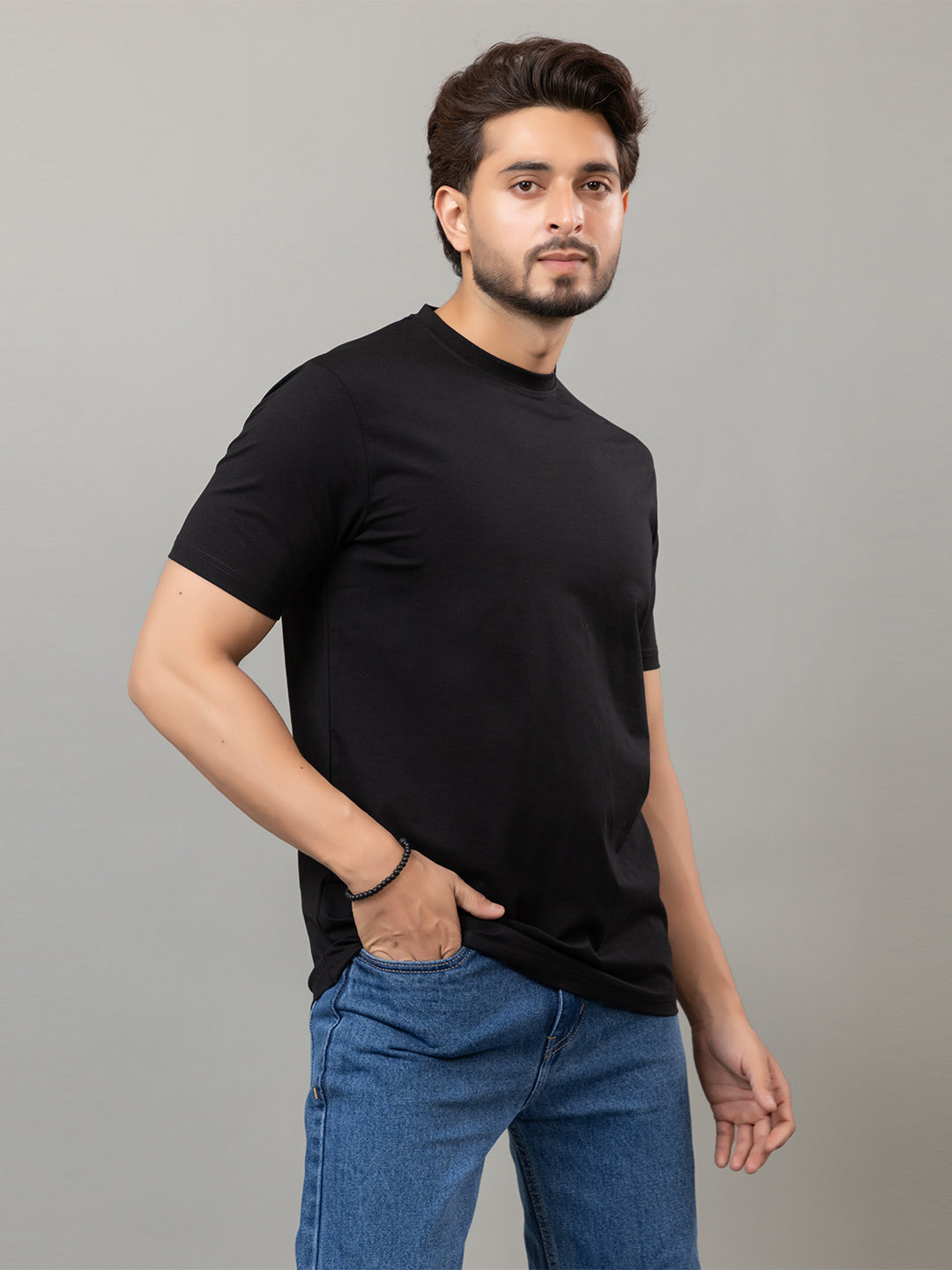 Black mercerized cotton round neck t-shirt for men by HABEAS, view 4