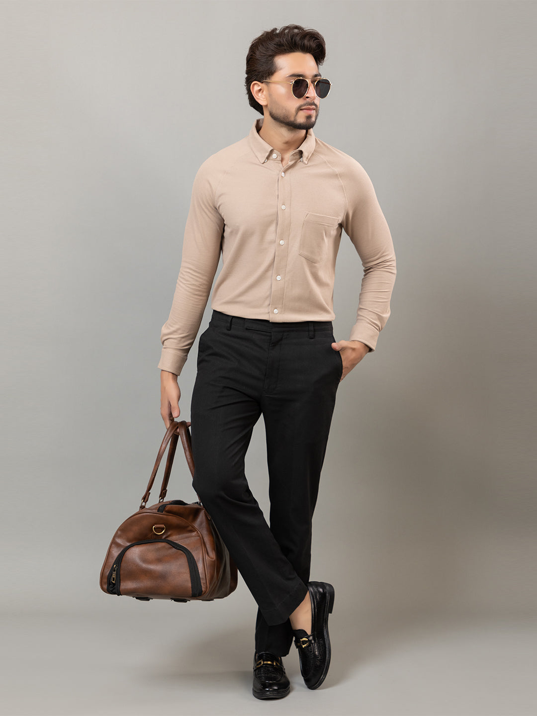 Witty Beige full sleeve honeycomb knit shirt for men by HABEAS, view 2