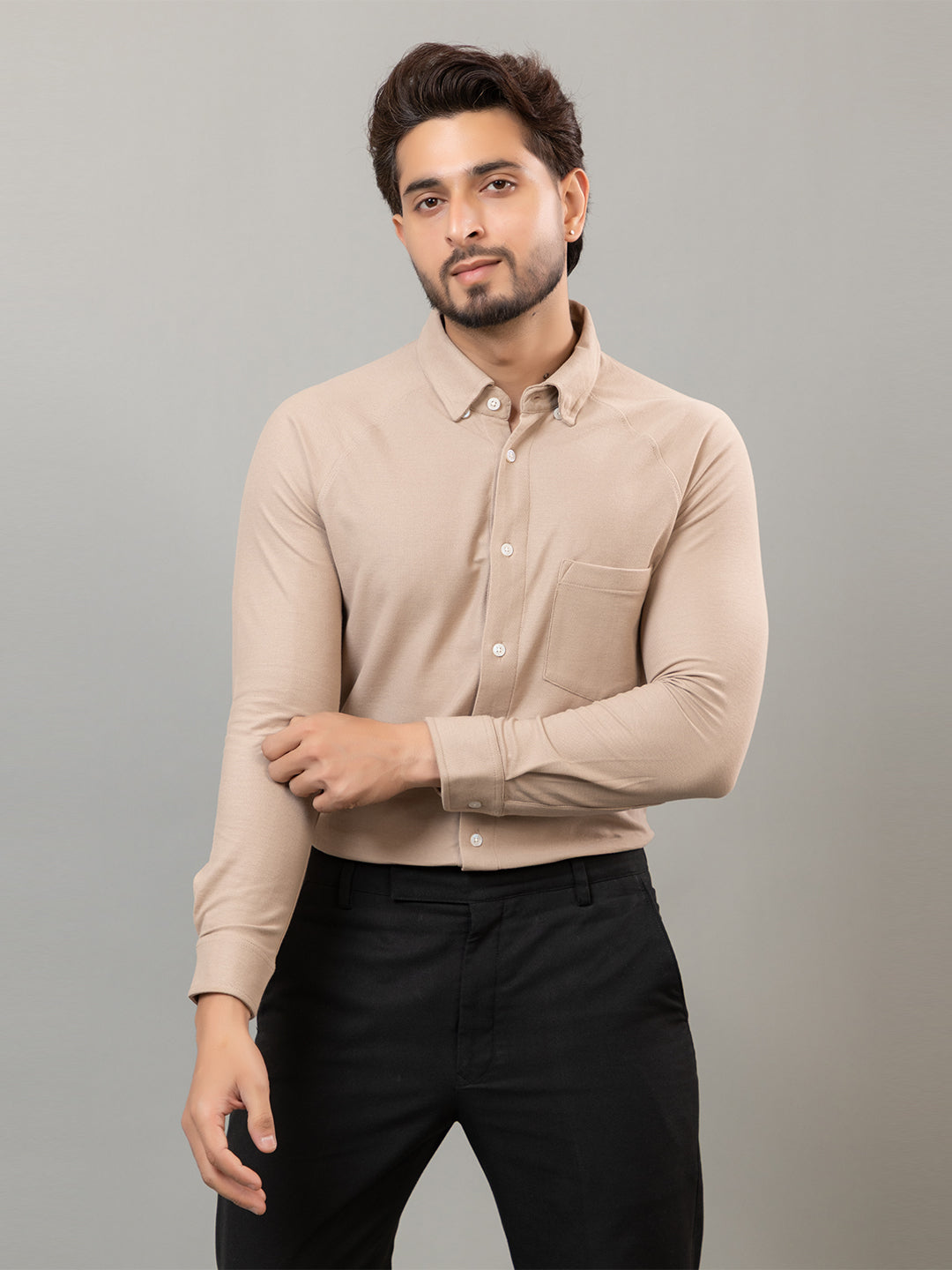 Witty Beige full sleeve honeycomb knit shirt for men by HABEAS, view 1