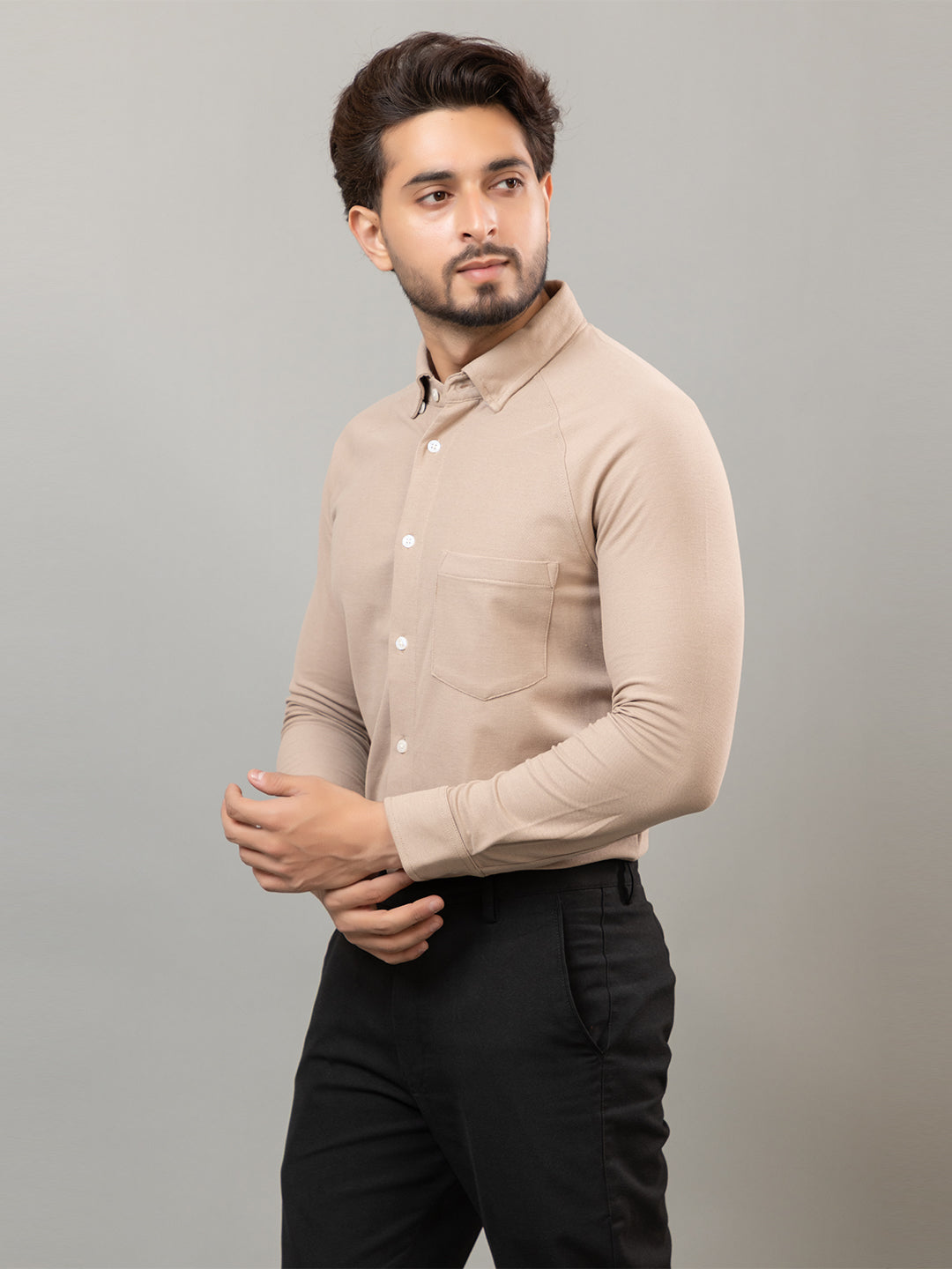 Witty Beige full sleeve honeycomb knit shirt for men by HABEAS, view 3