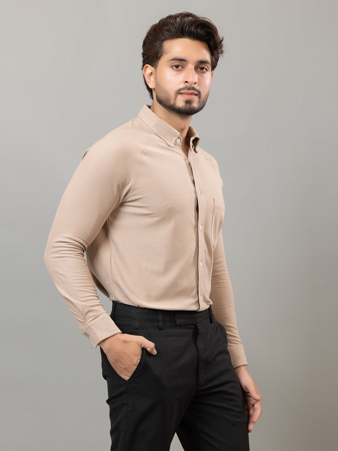 Witty Beige full sleeve honeycomb knit shirt for men by HABEAS, view 4