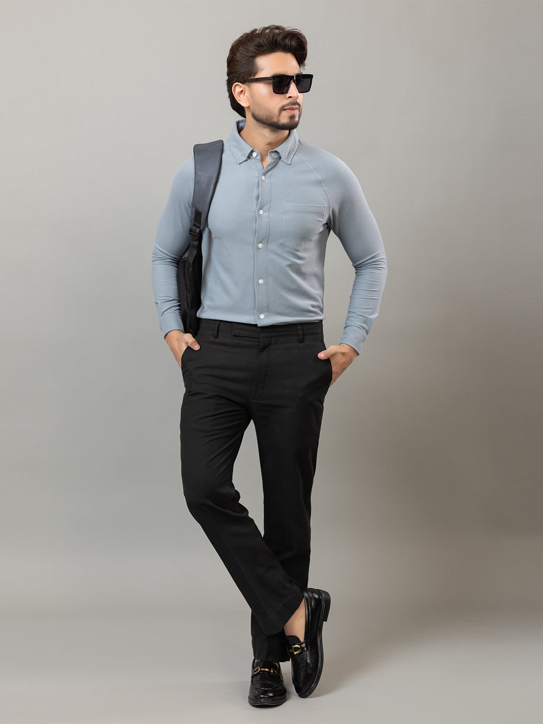 Slate Gray full sleeve honeycomb knit shirt for men by HABEAS, view 2