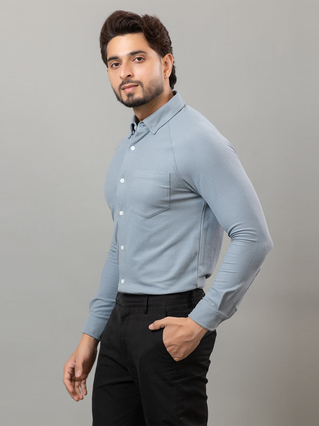 Slate Gray full sleeve honeycomb knit shirt for men by HABEAS, view 3