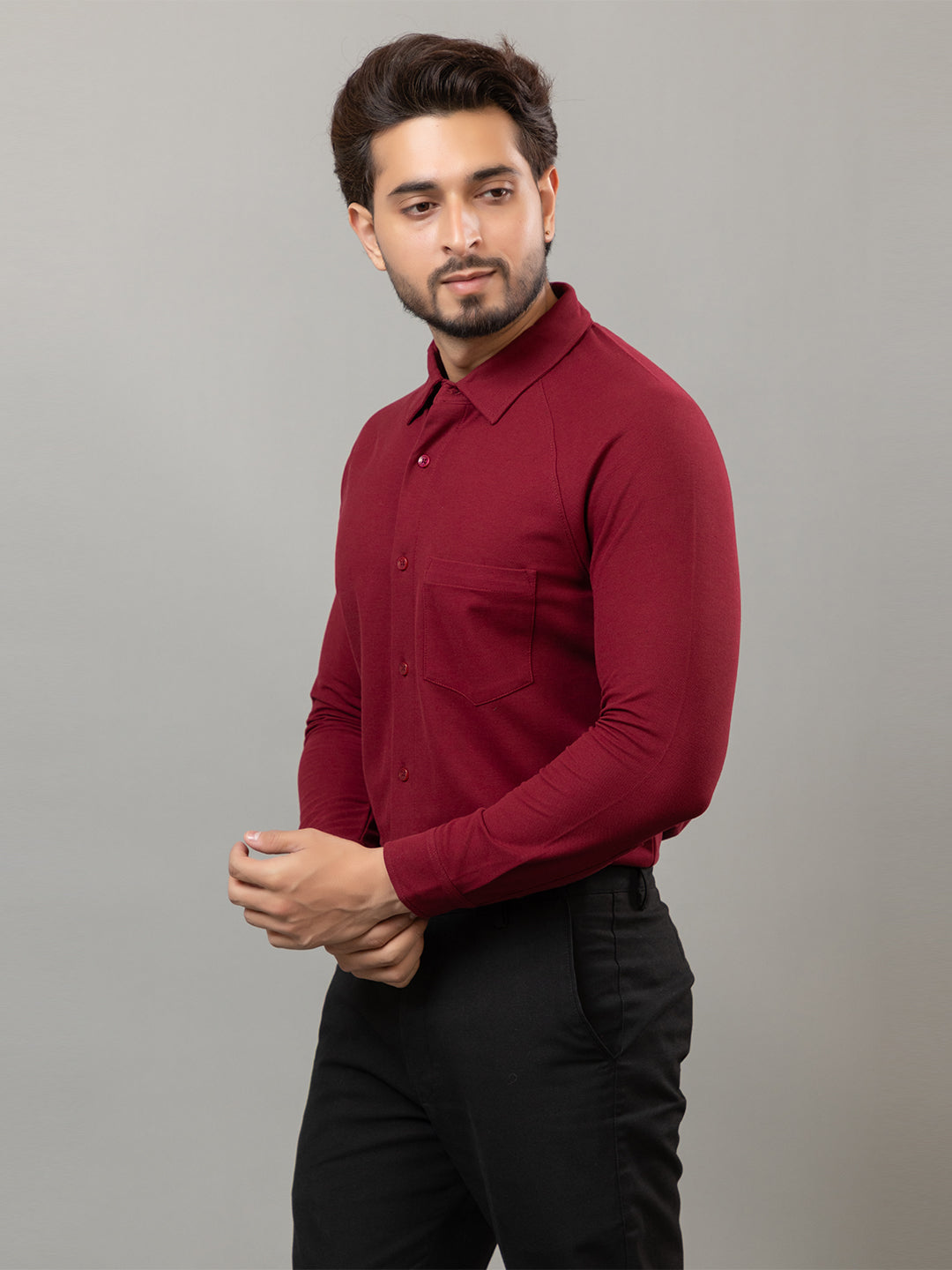Magic Maroon full sleeve honeycomb knit shirt for men by HABEAS, view 3