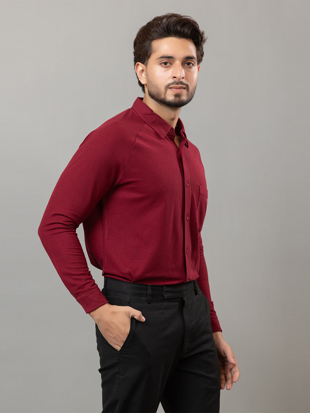 Magic Maroon full sleeve honeycomb knit shirt for men by HABEAS, view 4