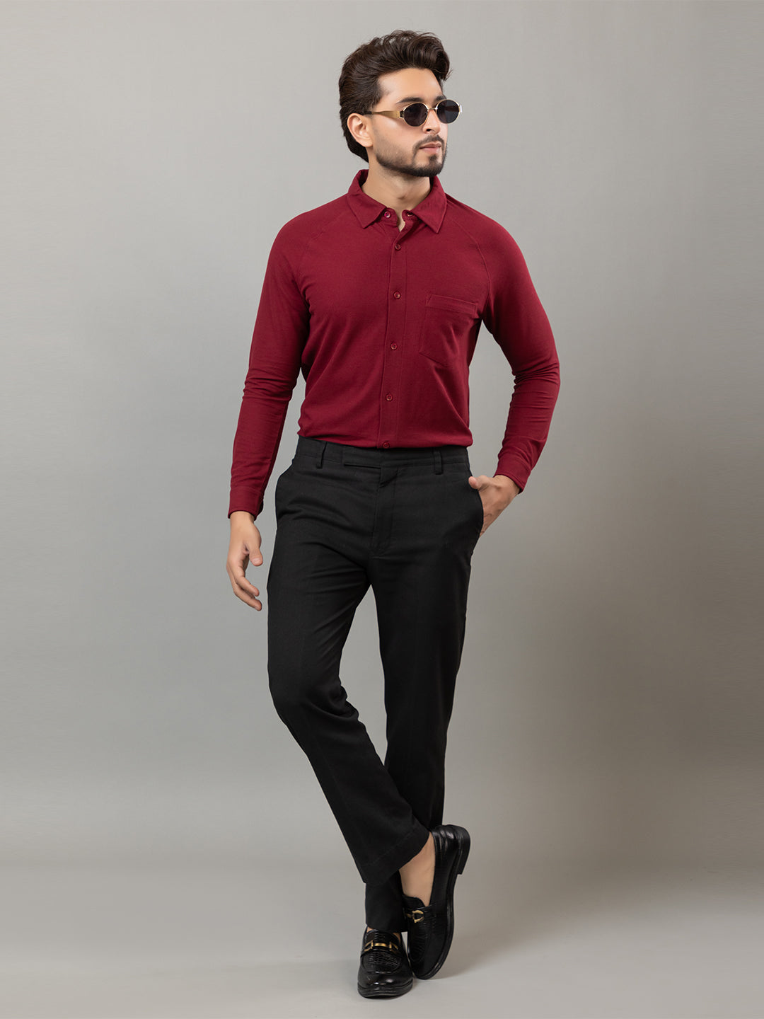 Magic Maroon full sleeve honeycomb knit shirt for men by HABEAS, view 2