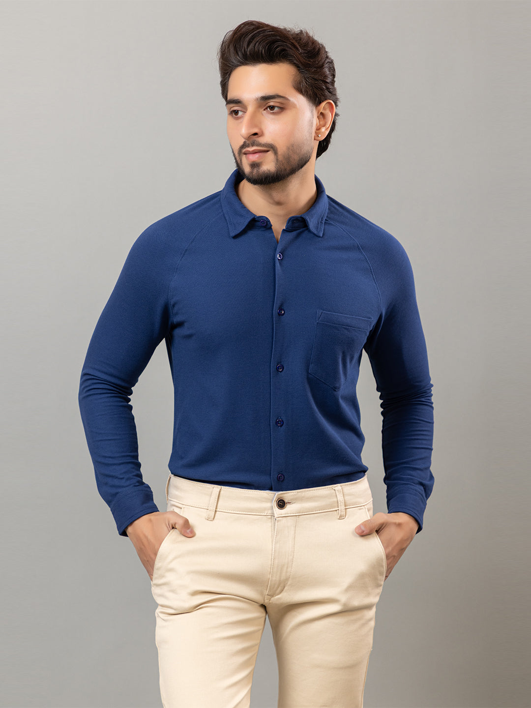 Denim Blue full sleeve honeycomb knit shirt for men by HABEAS, view 1