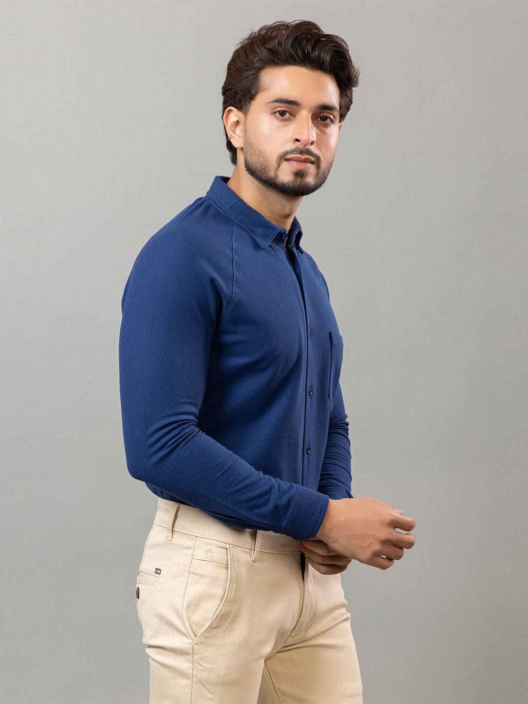 Denim Blue full sleeve honeycomb knit shirt for men by HABEAS, view 4