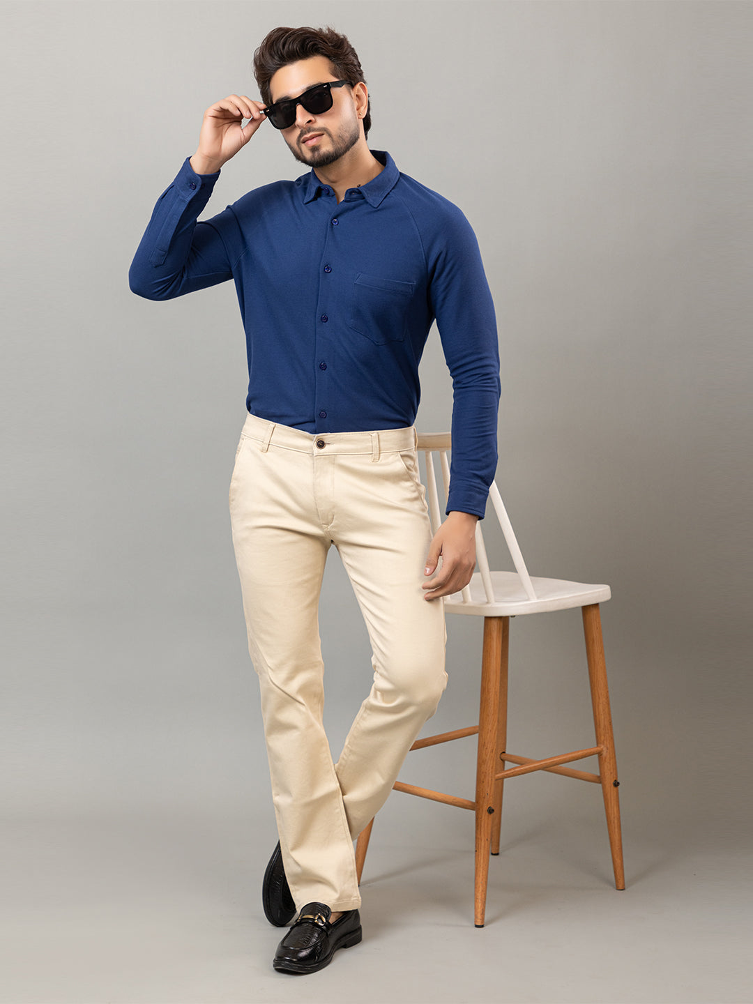 Denim Blue full sleeve honeycomb knit shirt for men by HABEAS, view 2