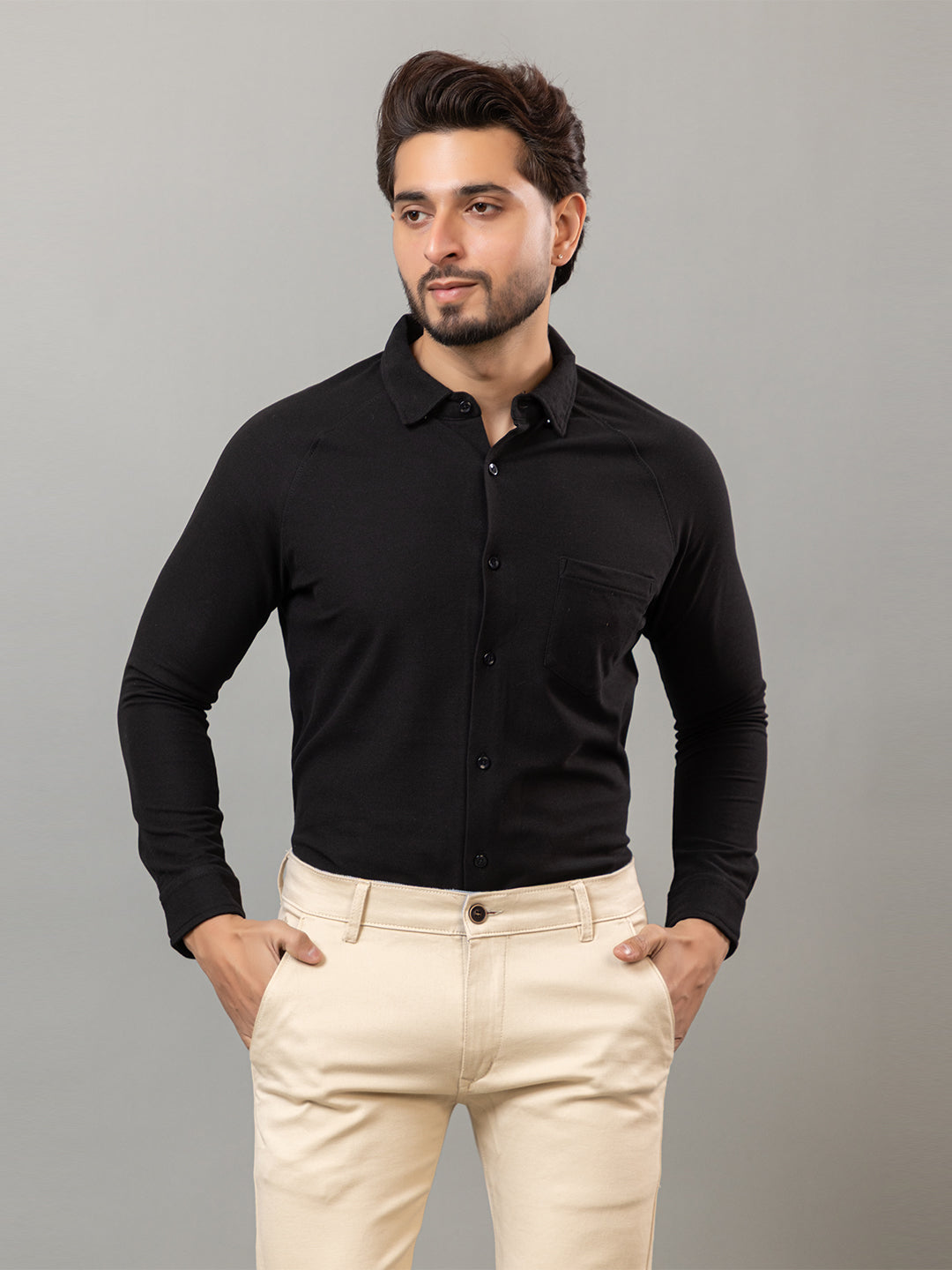 Elegant Black full sleeve honeycomb knit shirt for men by HABEAS, view 1