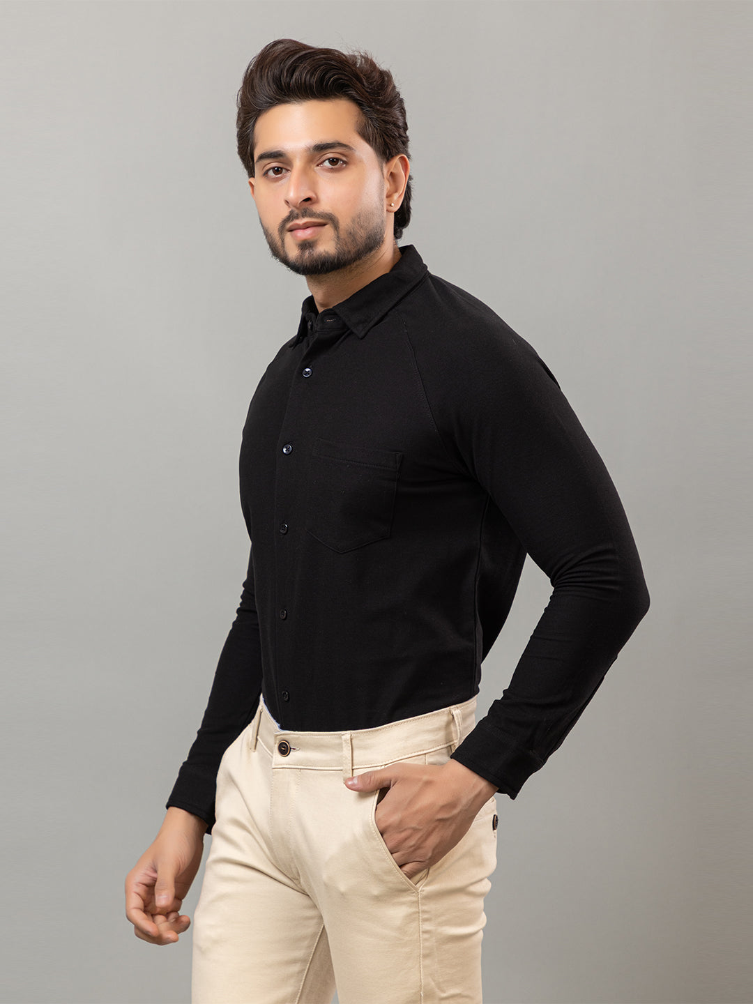 Elegant Black full sleeve honeycomb knit shirt for men by HABEAS, view 3