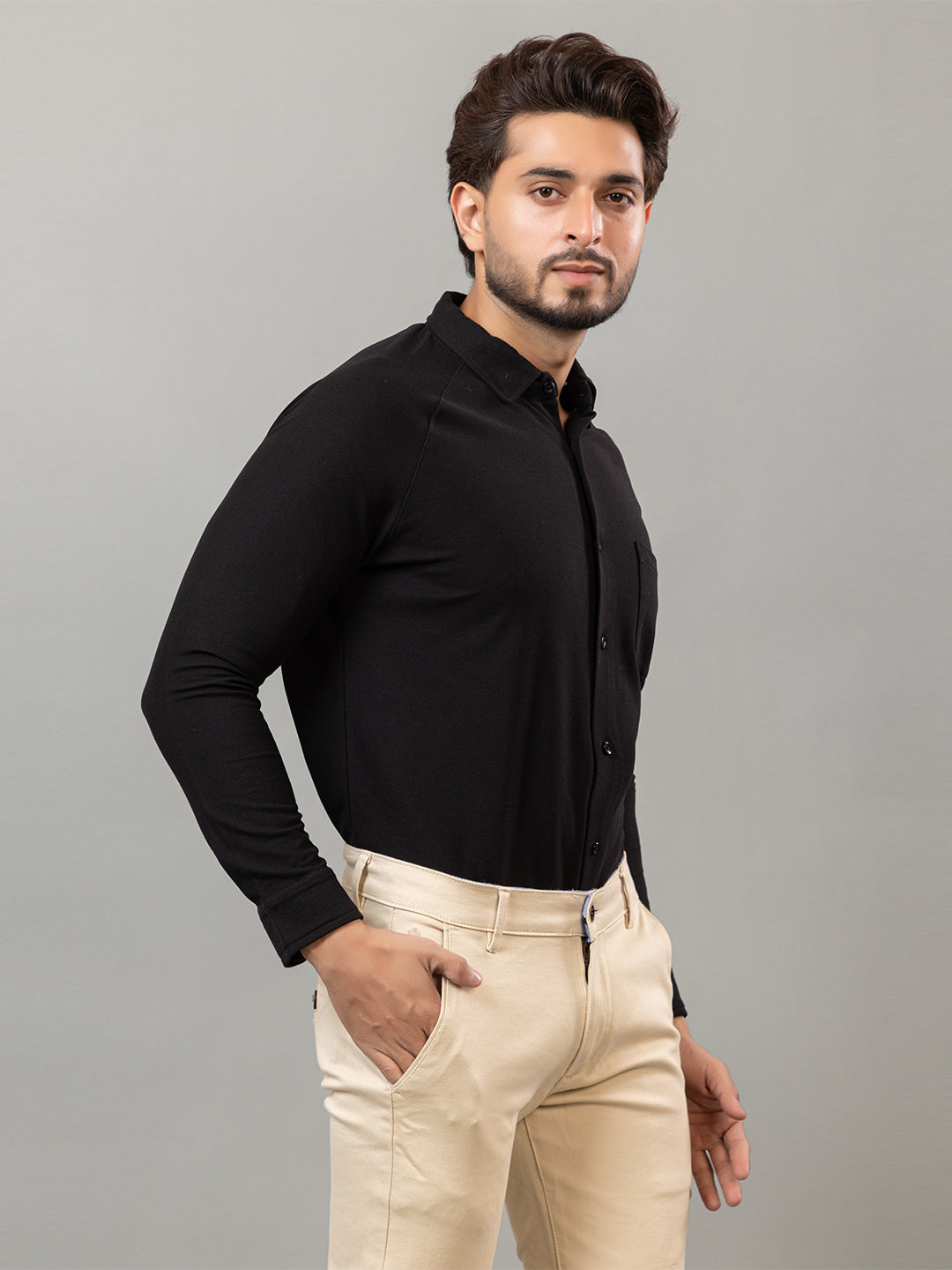 Elegant Black full sleeve honeycomb knit shirt for men by HABEAS, view 4