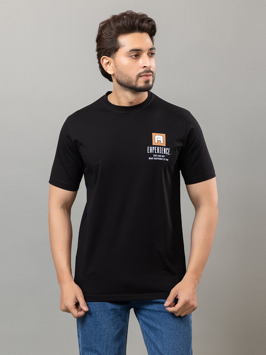 🎁 Mercerized Round Neck Printed T-shirt - Black - XL