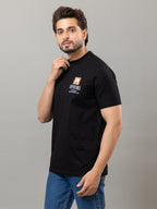 Black printed mercerized cotton round neck t-shirt for men by HABEAS, view 3