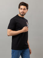 Black printed mercerized cotton round neck t-shirt for men by HABEAS, view 4