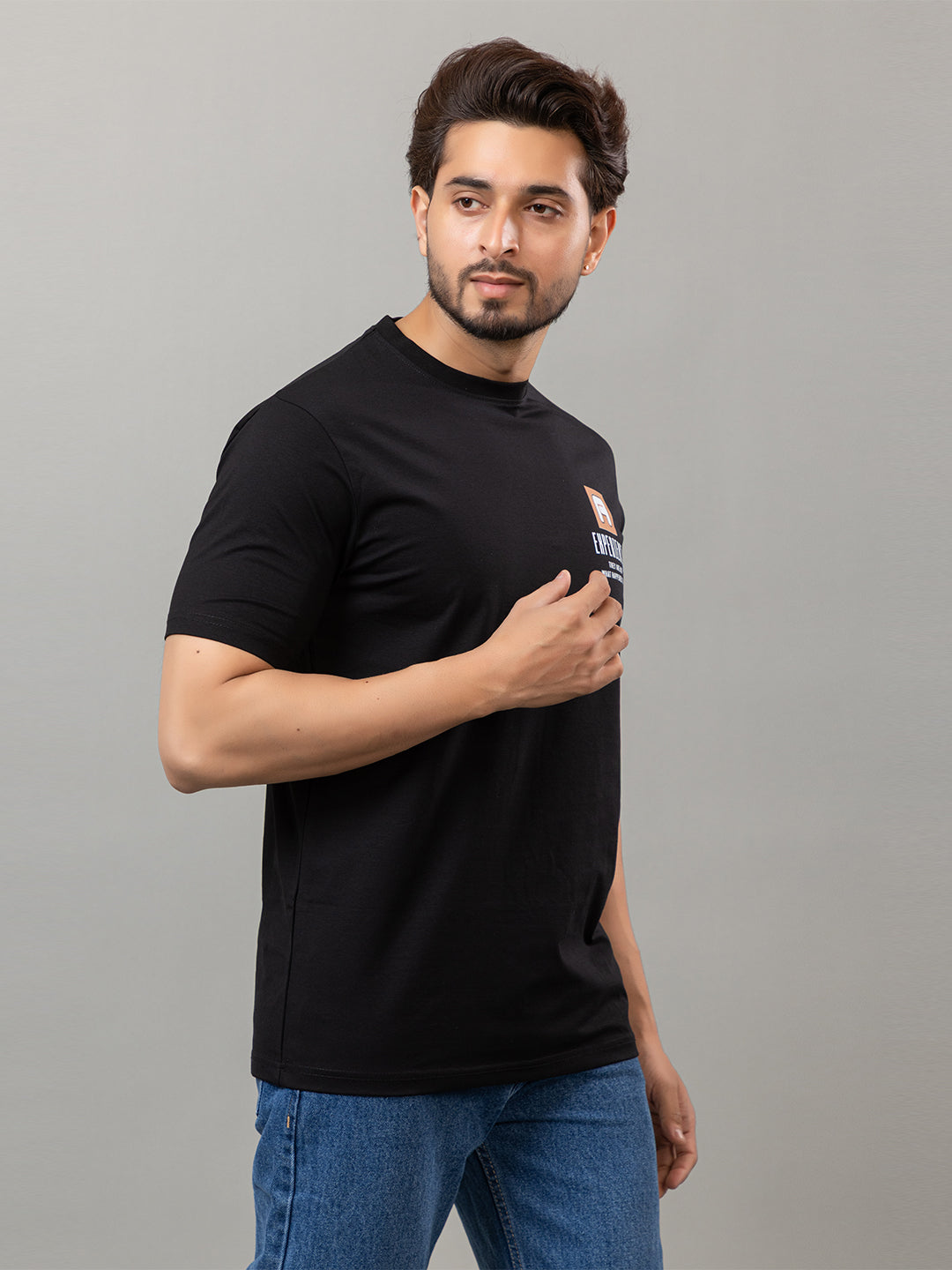 Black printed mercerized cotton round neck t-shirt for men by HABEAS, view 4