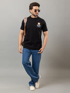 Black printed mercerized cotton round neck t-shirt for men by HABEAS, view 2