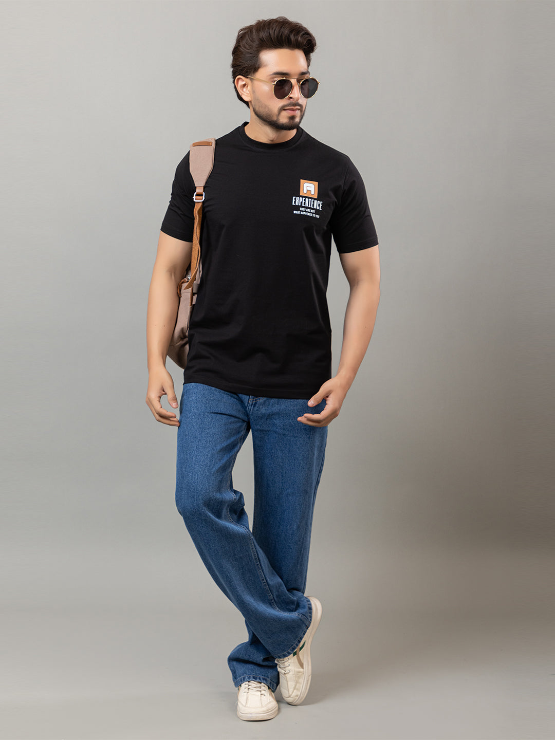 Black printed mercerized cotton round neck t-shirt for men by HABEAS, view 2
