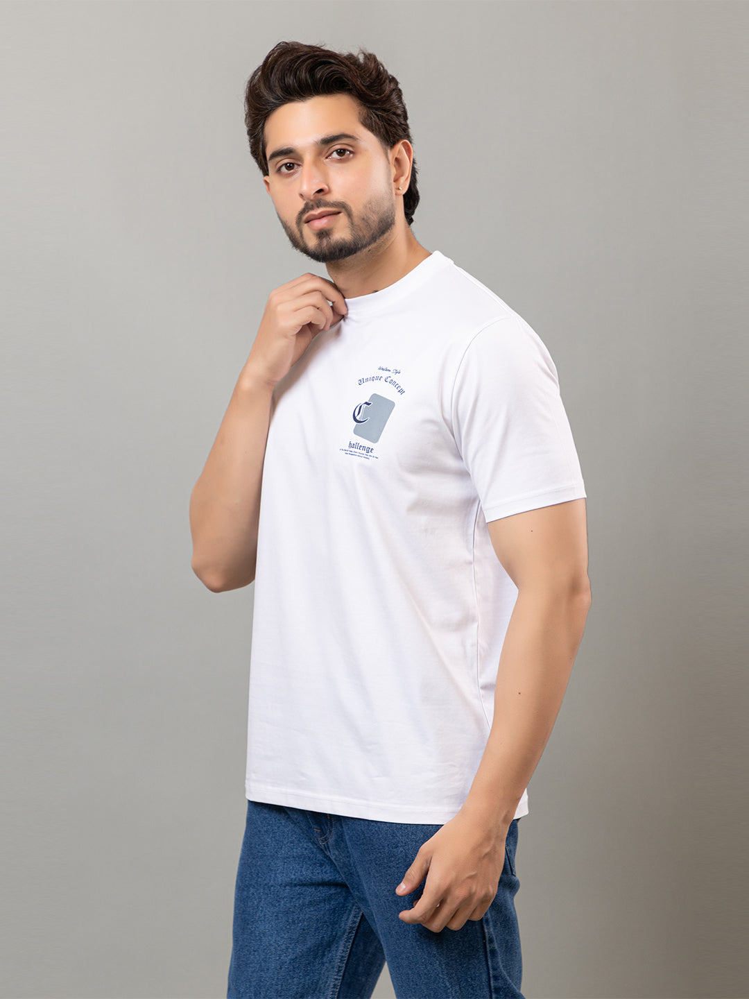 White printed mercerized cotton round neck t-shirt for men by HABEAS, view 4