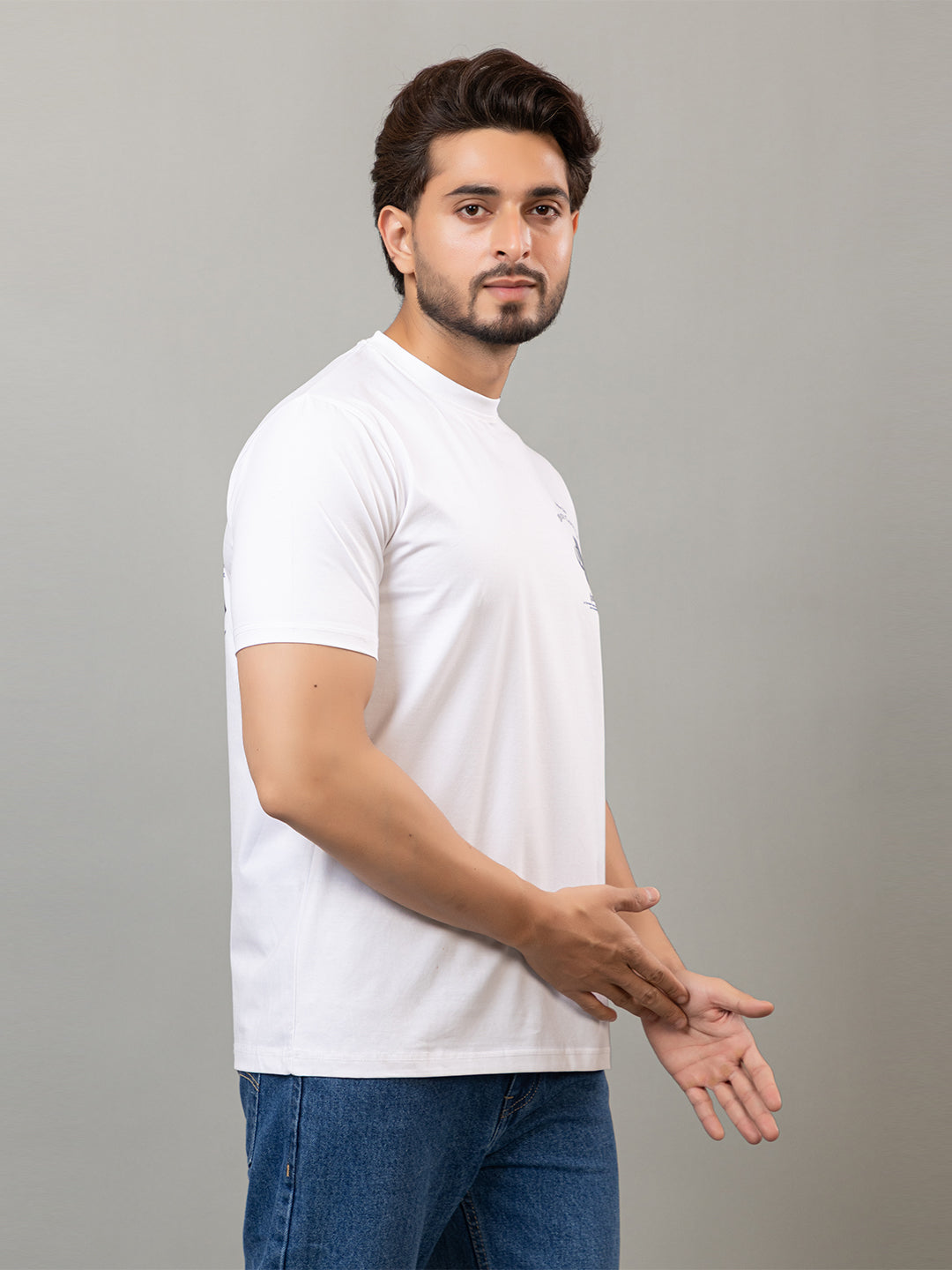 White printed mercerized cotton round neck t-shirt for men by HABEAS, view 3