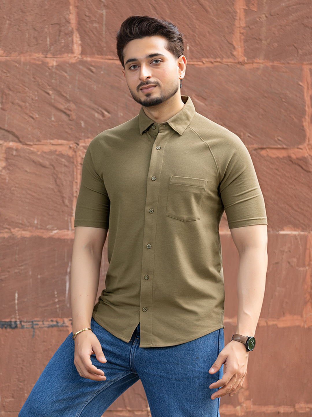 Olive Green half sleeve honeycomb knit shirt for men by HABEAS, view 1