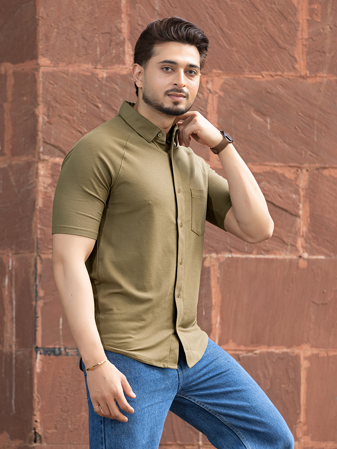 Olive Green half sleeve honeycomb knit shirt for men by HABEAS, view 2